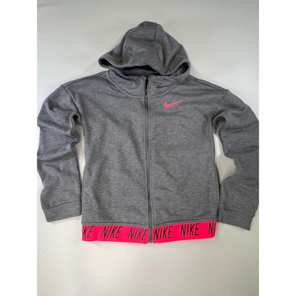 Nike Dri-FIT Girls Full Zip Hoodie Heather Grey Pink Logo Hem Size L Large